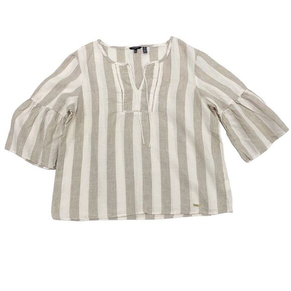 Ellen Tracy Sz L 100% Linen oversized loose top stripe 3/4 bell sleeves - Picture 1 of 8